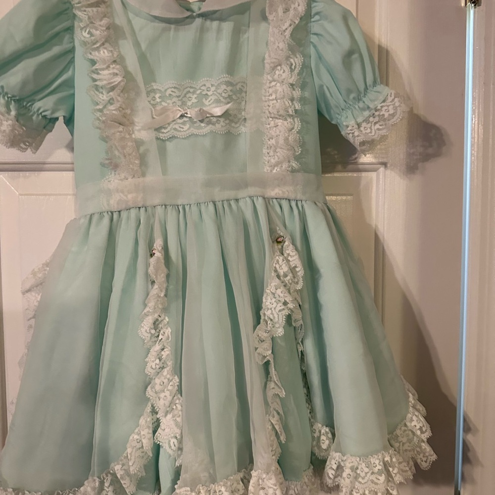 Charming Lace Trimmed Kids Dress in Mint Green